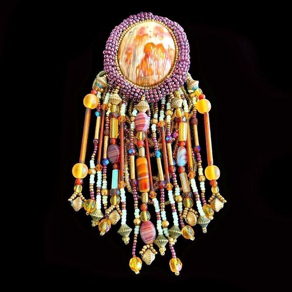 Vintage Artist hand beaded picture agate and banded agate western design brooch - Picture 1 of 9